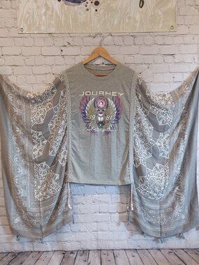 Upcycled Kantha Rock T Shirt Gray White Poncho Top with Drawstrings